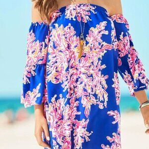 lily pulitzer bell sleeve short pink and blue dress off the shoulder Size Medium